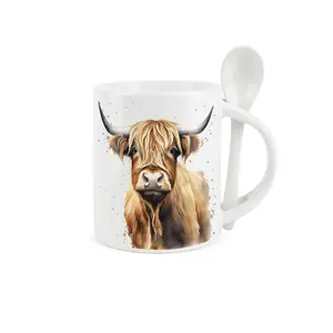 Highland Cow Mug & Spoon Set - Ceramic Tea Coffee Hot Chocolate Gift/Present