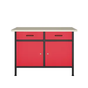 POLLOR 120L x 60W x 85H cm Steel Workbench Storage Cabinet Tool Drawers Garage Workshop Workstation Red & Black