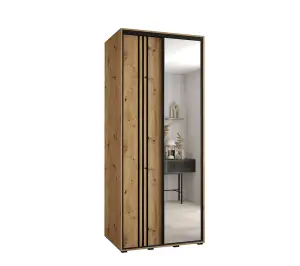 Rustic Oak Artisan Mirrored Wardrobe H2050mm W1100mm D600mm with Customisable Black Steel Handles