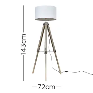 ValueLights Clipper Modern Light Wood & Chrome Tripod Floor Lamp with White Drum Shade with 6w LED ES E27 Frosted GLS Bulb