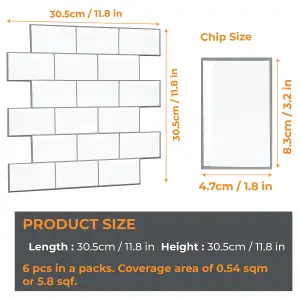 3D Tile Stickers Peel & Stick Backsplash London Metro Classic Brick Brilliant White 6 Sheets 30.5cm(12")