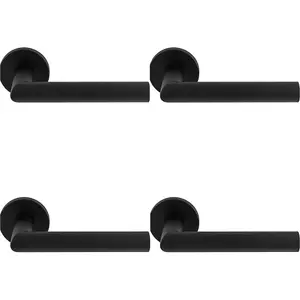 4 PACK - PAIR Mitred Round Bar Door Handle Ringed Design Conceled Fix Matt Black