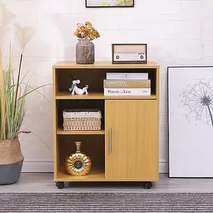 Printer Stand Cabinet Wooden Beech with 2 Shelves and 1 Door Filing Cabinet - Short Wood Office Storage Cupboard Organiser