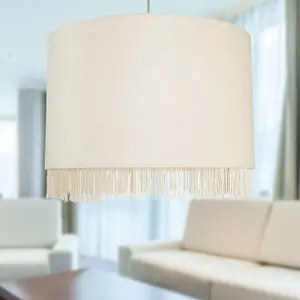 First Choice Lighting Set of 2 Fringed Off White 38cm Fringed Velvet Pendant Shades