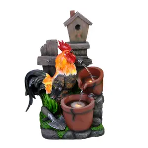 Primrose Solar Powered Rooster Pouring Pots Tiered Cascading Water Feature With Battery Backup and Lights 57cm