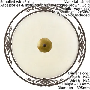 2 PACK Wall Flush Ceiling Light Antique Brown Gold Shade Beige Glass E27 2x60W