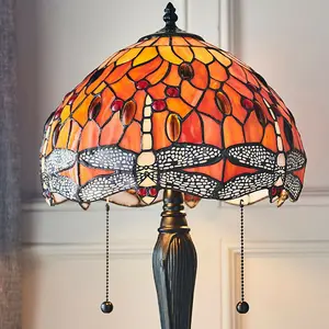 Tiffany Glass Table Lamp Light Dark Bronze Base & Orange Dragonfly Shade i00196