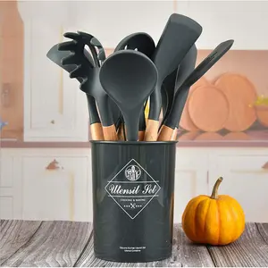 Cooking Utensils Set With Holder Silicone Kitchen Utensils Set,12 Pcs Wooden Handles, Kitchen Spatula Set Non-Stick