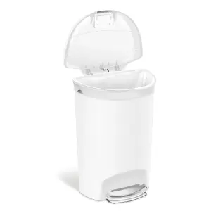 simplehuman 50L Semi-Round Kitchen Pedal Bin with Lid Lock, Silent Soft Close Lid, Strong Steel Pedal, White Plastic