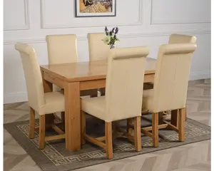 Dakota 152 x 87 cm Chunky Medium Oak Dining Table and 6 Chairs Dining Set with Washington Ivory Leather Chairs