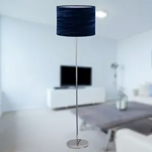 First Choice Lighting Chrome Stick Floor Lamp with Navy Blue Crushed Velvet Shade