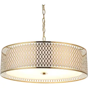 Hanging Ceiling Pendant Light - Gold Effect Plate White Fabric & Frosted Glass - 3 X 10W LED E27