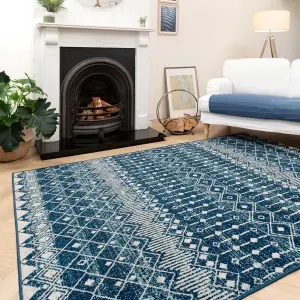 Navy Blue Aztec Low Pile Soft Living Area Rug 160x230cm