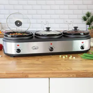 Quest 3 Pot Electric Slow Cooker, Buffet Server & Food Warmer / 3x 2.5L Ceramic Pots with Glass Lids / 3 Heat Settings