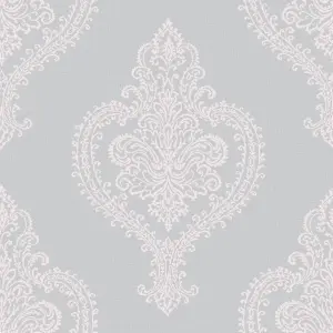 Grandeco Adalyn Blush grey Mica effect Damask Embossed Wallpaper