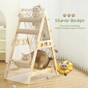 Wooden Cat Tower for Indoor Cats with Hammock Straching Post Climbing Web