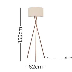 ValueLights Camden Modern Copper Metal Tripod Floor Lamp with Beige Cylinder Shade - Includes 6w LED Bulb 3000K Warm White