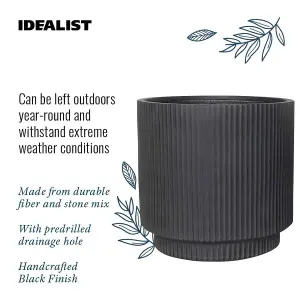 IDEALIST 30cm Round Planter with Drainage Holes, Ribbed Black Reinforced Stone Cylinder Outdoor Plant Pot D30 H30 cm, 16L