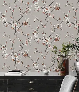 AS Creation Oriental Floral Blossom Tree Branches Wallpaper Vinyl Grey Brown White 38520-4