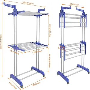 3 Tiers Foldable Stainless Steel Clothes Airer Drying Rack for Indoor Outdoor-Blue