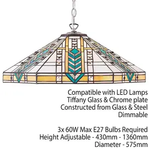 Tiffany Glass Hanging Ceiling Pendant Light Chrome Art Deco Large Shade i00134