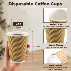 ECONX 12oz Takeaway Coffee Cups Disposable Ripple Insulated Brown Paper Coffee Cups For Hot and Cold Drinks (Pack of 100)