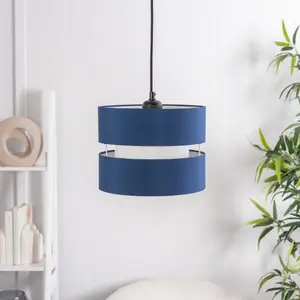 ValueLights Sophia Pair of Small Easy Fit Ceiling Light Shades 2 Tier Pendant Drum Lampshades - Navy Blue - Bulbs Included