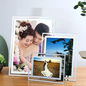 Set of 4 Glass Mirror Photo Frame Silver Picture Frames Clear Display Small