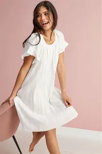 Womens Next White Square Neck Ruffle Cotton 100% Cotton Nightie Slip - White