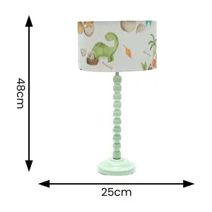 Sage Green Bobbin Stem Table Lamp with Dino Drum Shade for Living Room Bedroom