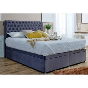 Santino Divan Ottoman Plush Bed Frame With Chesterfield Headboard - Steel