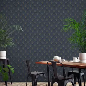 GDUK Art Deco Aspelta Textured Wallpaper, Navy