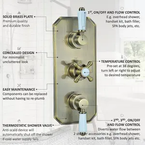 ENKI Regent Antique Brass Crosshead 3-Outlet Solid Brass Thermostatic Triple Shower Valve TSV070