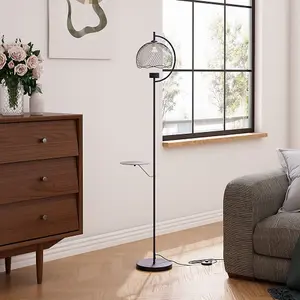 Industrial Metal Light 1-Light GU10 Floor Lamp with Tray, Black