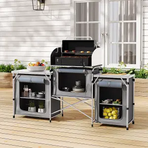 Grey Folding Portable Outdoor Camping Kitchen Stand Unit Storage BBQ Cook Station W 175cm