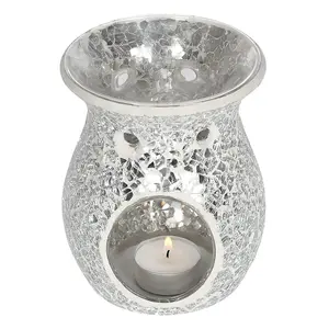 Silver Glass Flared Oil, Wax Melt Burner. Mirrored Crackle Effect. H14 cm