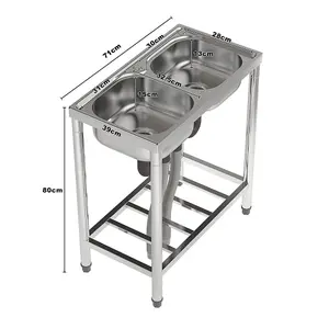 2 Compartment Commercial Floorstanding Stainless Steel Kitchen Sink with Storage Shelf