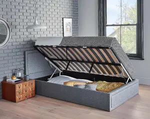 Side Lifting Grey Upholstered Double Ottoman Bed Frame