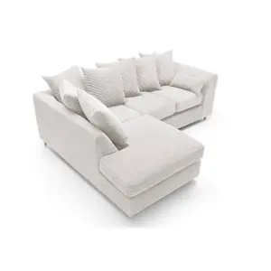 Jumbo White Cord Left Facing Corner Sofa for Living Room with Thick Luxury Deep Filled Cushioning