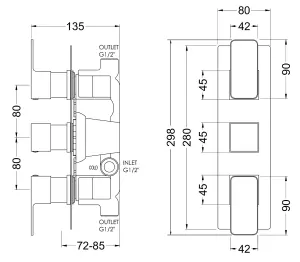 Empire Square Concealed Triple Thermostatic Shower Valve (2 Outlets) - Brushed Pewter - Balterley