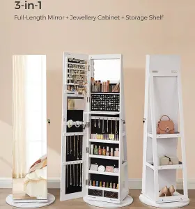 SONGMICS Full-Length Mirror Jewellery Cabinet with 6 LEDs, Free-Standing Frameless Design, Lockable, White Surface, Black Lining