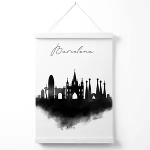 Barcelona Watercolour Skyline City Poster with Hanger / 33cm / White