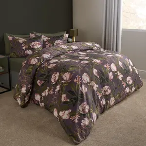 Floral Duvet Cover Quilt Bedding Set Reversible Pillowcase, Mauve - Superking