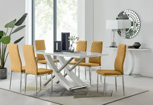 Furniturebox UK 6 Seater Dining Set - Mayfair High Gloss White Chrome Dining Table and Chairs - 6 Mustard Velvet Milan Chairs