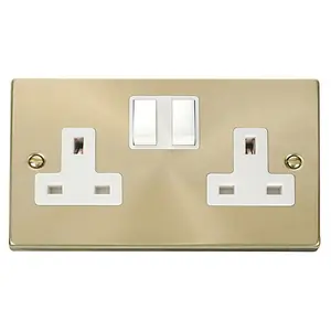 Satin / Brushed Brass 2 Gang 13A Twin Double Switched Plug Socket - White Trim - SE Home