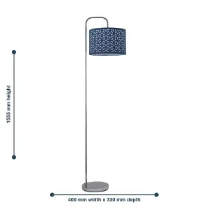 First Choice Lighting Chrome Arched Floor Lamp with Navy Blue Laser Cut Shade