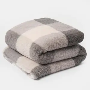 Gingham Teddy Fleece Throw Over Bed Blanket Check Warm, Grey - 150 x 200cm