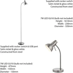 Standing Floor & Table Lamp Set Satin Nickel Adjustable Neck Living Room Light