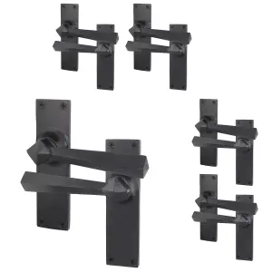 AFIT Black Iron Door Handles - 5 Pairs of Black Antique Internal Lever Latch Handles on Backplate - Tudor Range