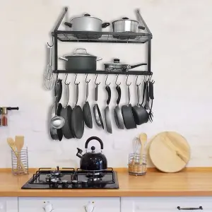 2 Tiers Metal Kitchen Storage Shelves Kitchen Organizer Saucepan Pan Pot Rack with 10 Hooks Wall Mounted